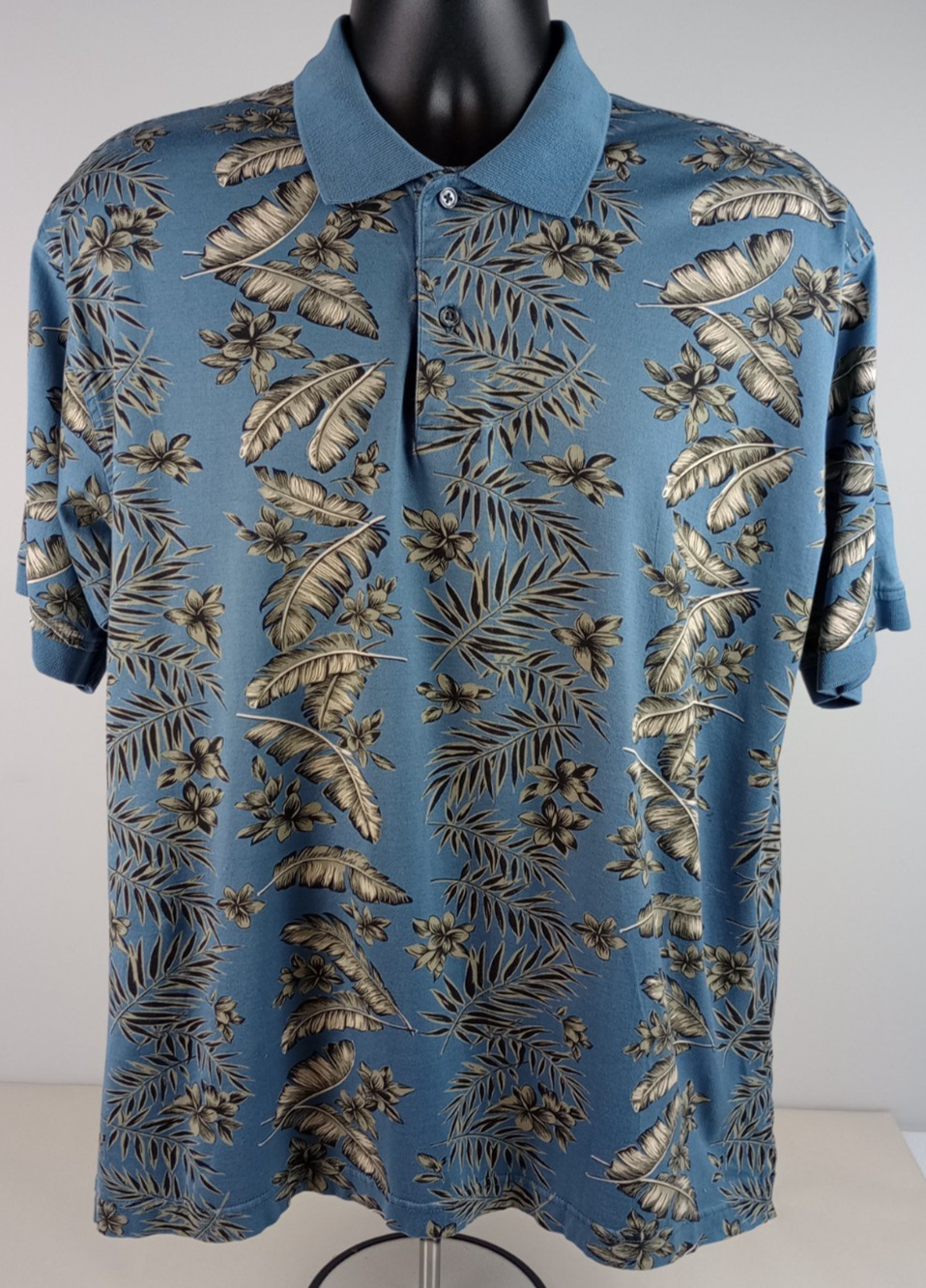Van Heusen Mens Lrg Gray Blue Feather Floral Short Sleeve Polo Shirt